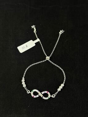 Sterling Silver Infinity Bolo Bracelet Multicolor CZ Adjustable Pull Chain